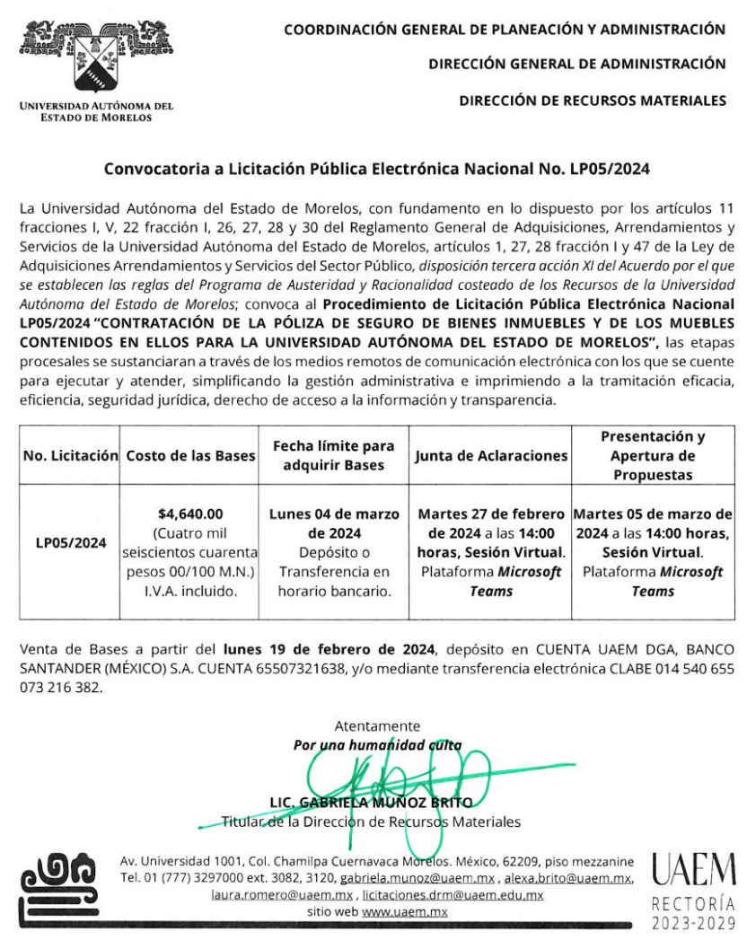 Convocatoria a Licitación Pública Electrónica Nacional No LP05 2024