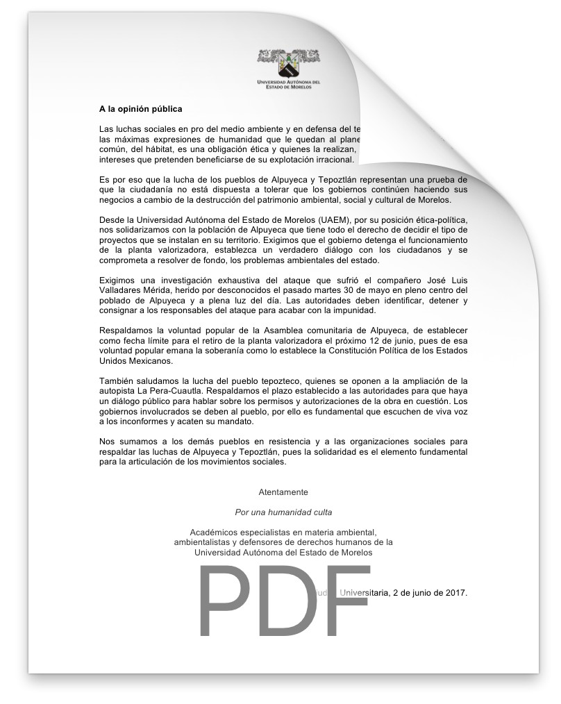 Manifiesto Universitario por Alpuyeca y Tepoztlán