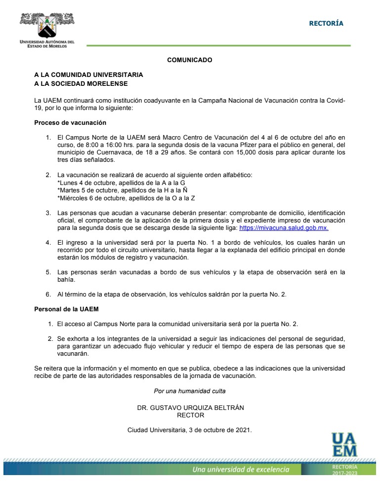 Comunicado Rectoría 03/09/21 | Vacunación de 18 a 29 años - Universidad  Autónoma del Estado de Morelos