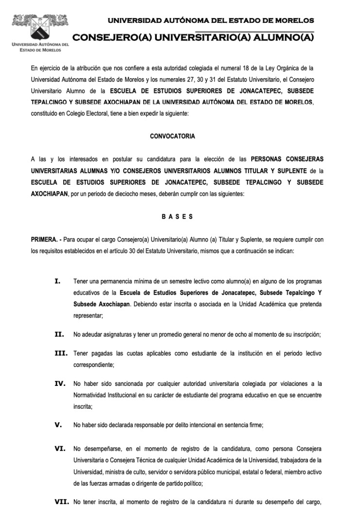 Convocatoria Consejero Universitario Escuela de Estudios Superiores de Jonacatapec, Subsede Tepalcingo y Subsede Axochiapan de la UAEM