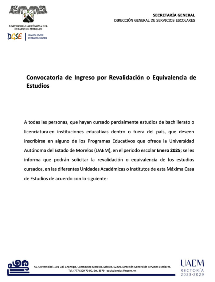 Convocatoria de Ingreso por Revalidación o Equivalencia de Estudios | enero 2025