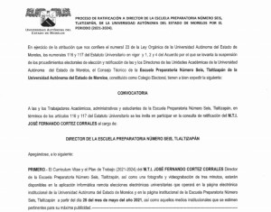 Proceso de Ratificación de Director, de la Escuela Preparatoria Número Seis,  Tlaltizapán, periodo 2021 – 2024