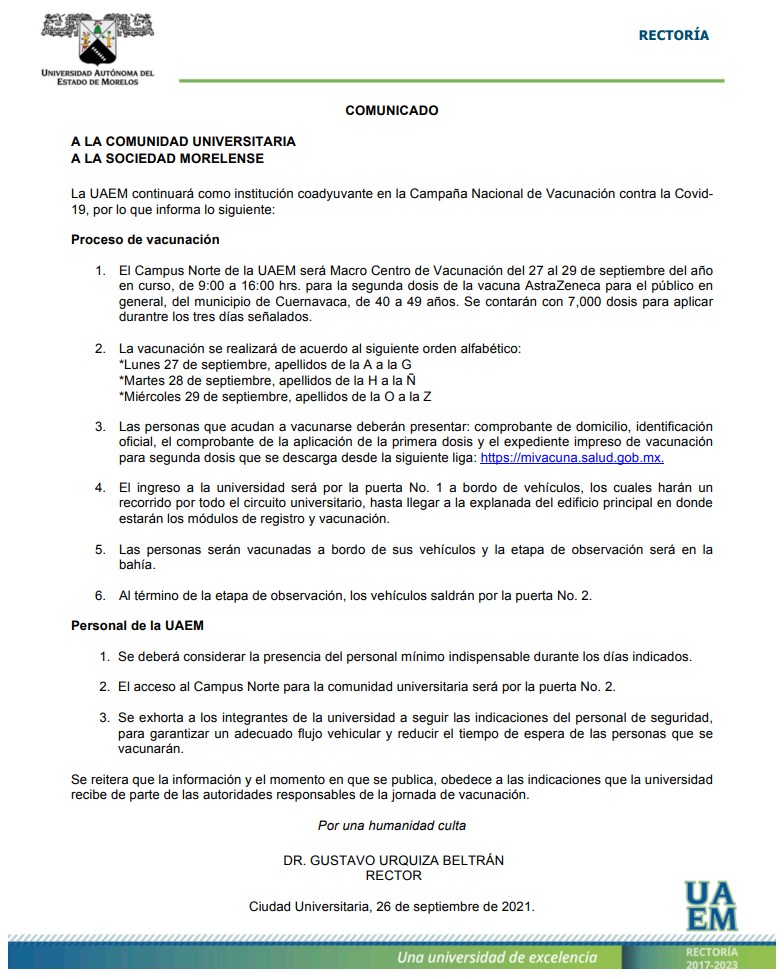 Comunicado Rectoría 26/09/21 | Vacunación de 40 a 49 años - Universidad  Autónoma del Estado de Morelos