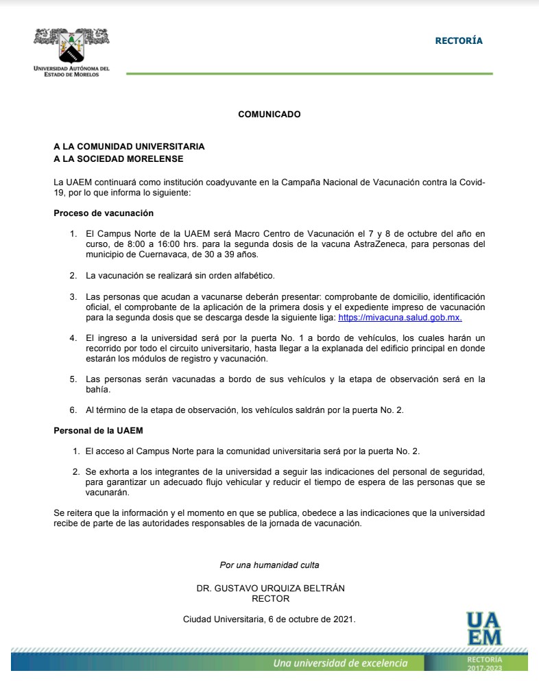 Comunicado Vacunación 06/10/21 | 30 a 39 años. - Universidad Autónoma del  Estado de Morelos