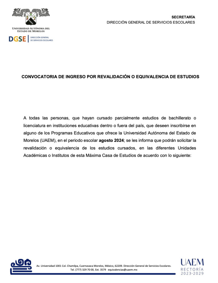 CONVOCATORIA DE INGRESO POR REVALIDACIÓN O EQUIVALENCIA DE ESTUDIOS | PERIODO AGOSTO 2024
