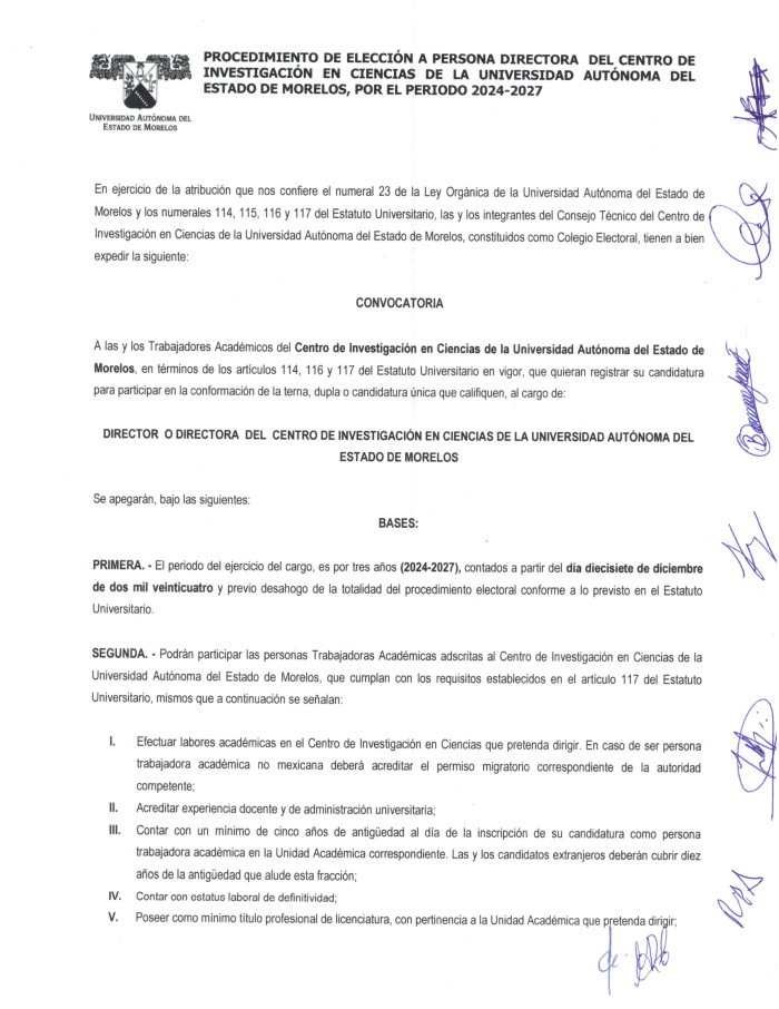 Procedimiento de Elección a Persona Directora del Centro de Investigación en Ciencias, Periodo 2024-2027